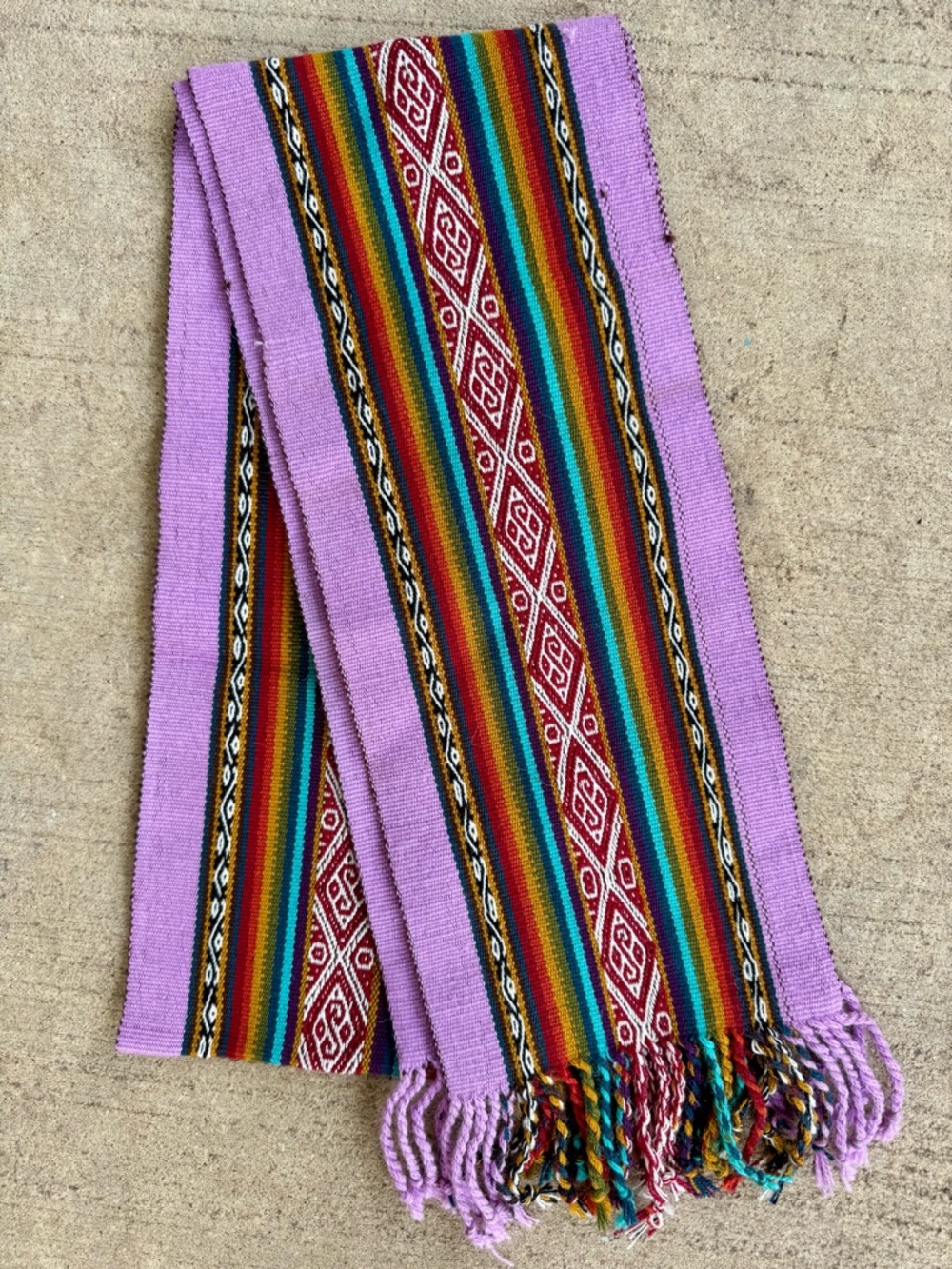 Handwoven Colorful Ethnic Boho Peruvian Ikat Textile Runner Wide Sash Belt
